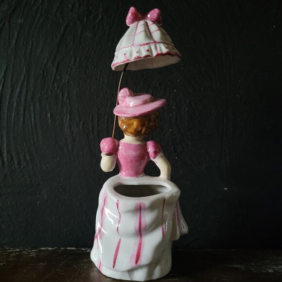 Vintage Ucago Girl with Umbrella Planter, Unique Vintage Planters - Picture 4 of 10